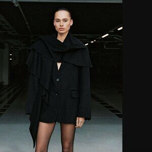 ZARA WOMEN BLACK OVERSIZED WOOL BLEND SCARF COAT SIZE XS/S NWT 129$